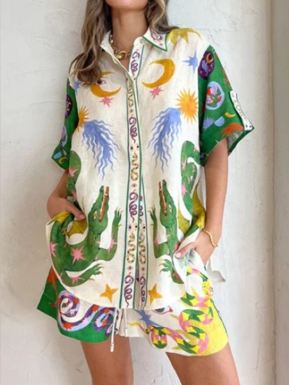 Endless Moon Women’s Short Set with Green Alligator Print